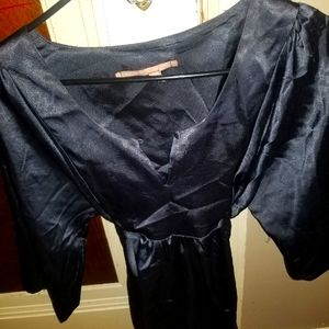 blue satin 3/4 sleeve top ties inback.